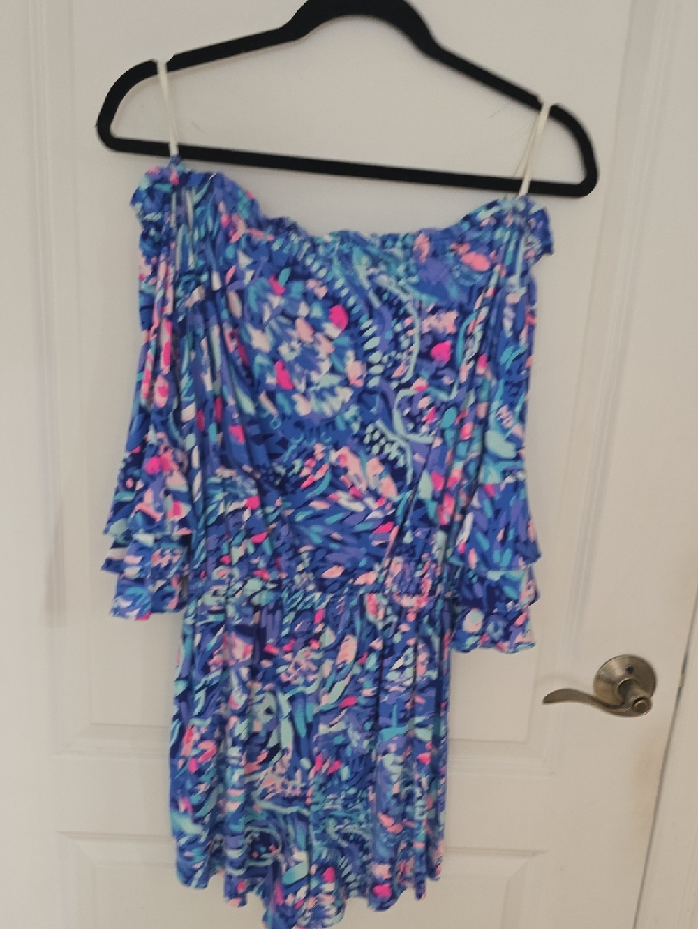 Lilly Pulitzer Blue Pink Tropical Off-Shoulder Romper